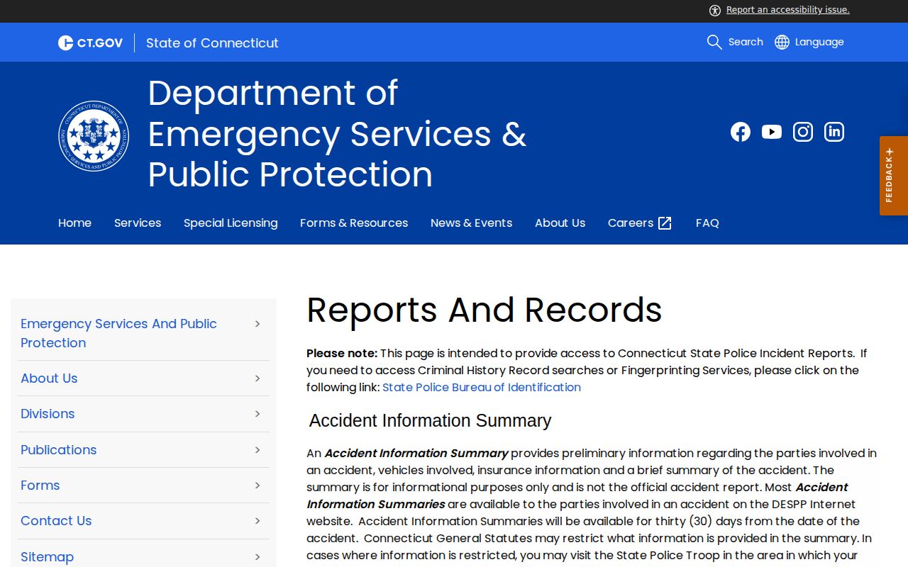 Litchfield County State Police arrest record request page