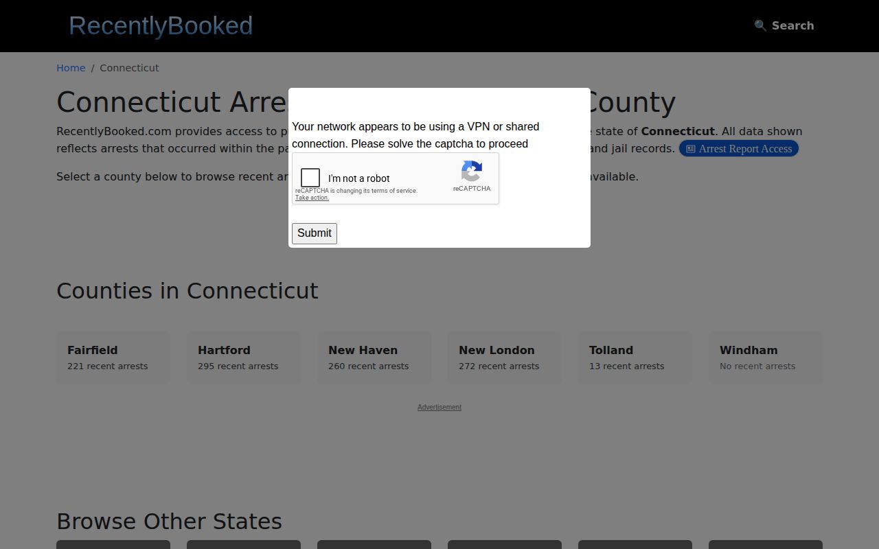 Recently Booked Connecticut index without Litchfield County records
