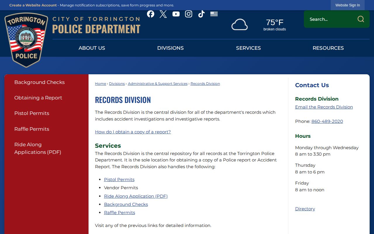 Torrington Police booking and arrest records division page in Litchfield County